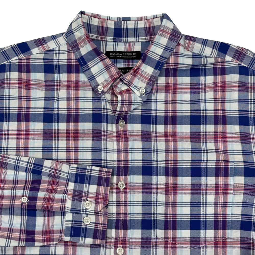 Banana Republic Grant Fit Plaid Shirt Mens Large Blue Red Cotton Stretch Oxford